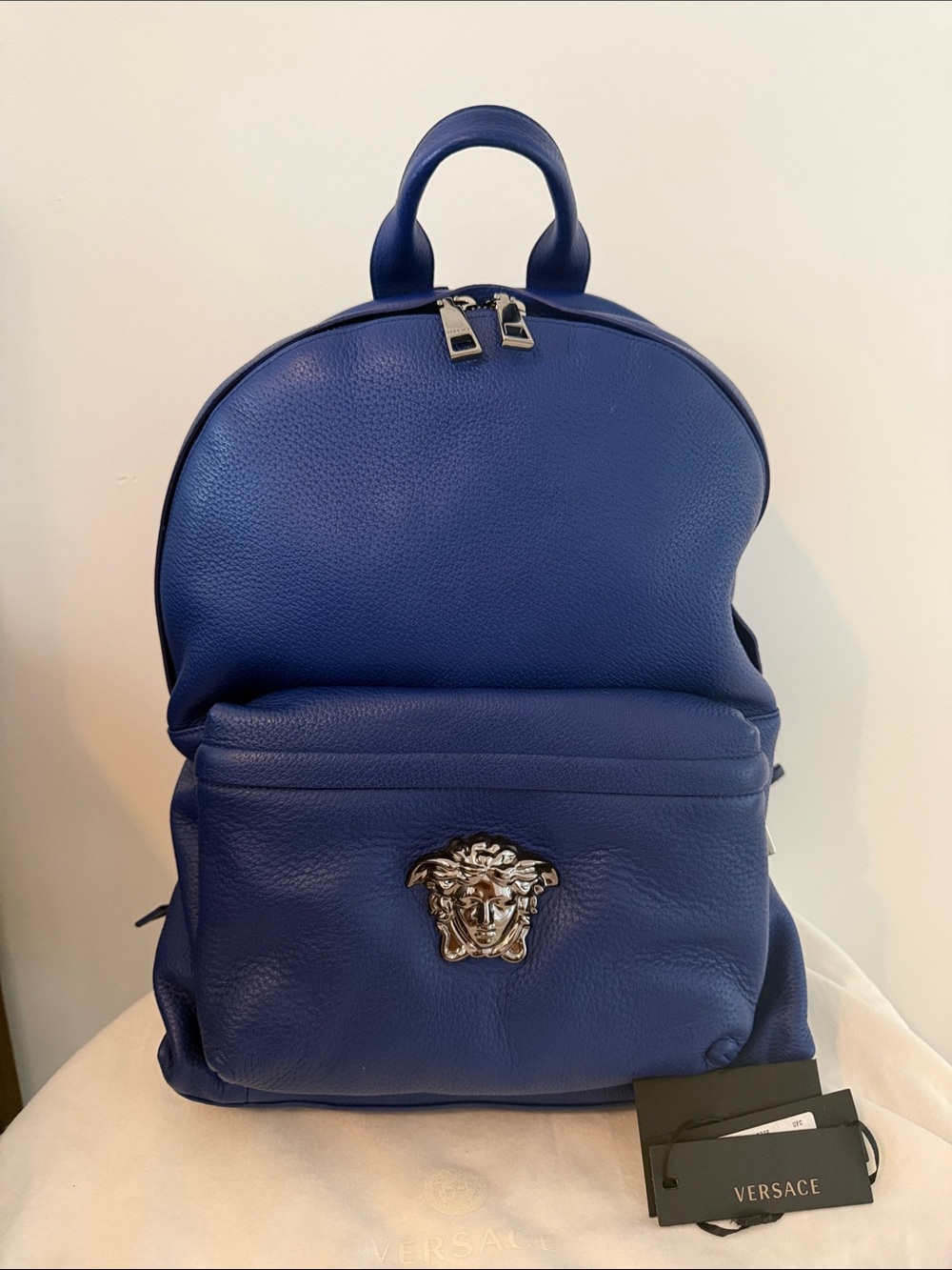 New Versace Royal Blue Leather Medusa Backpack